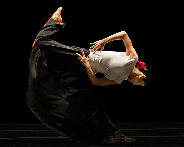 a female dancer in a white top with a flowing red and black skirt and a red rose in her black bun, leans her body parallel to the floor and kicks one  leg up to the ceiling .
